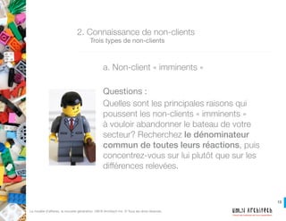 13
Créons des systèmes qui nous ressemblent!
Le modèle d’affaires, la nouvelle génération. UM.N Architech Inc. © Tous les drois réservés.
b. Non-clients « anti »
Question :
Quelles sont raisons qui détournent les
non-clients « anti » des offres existantes?
Recherchez le dénominateur commun de
toutes leurs réactions, puis concentrez-
vous sur lui plutôt que sur les différences
relevées.
2. Connaissance des non-clients
	 Trois types de non-clients
 