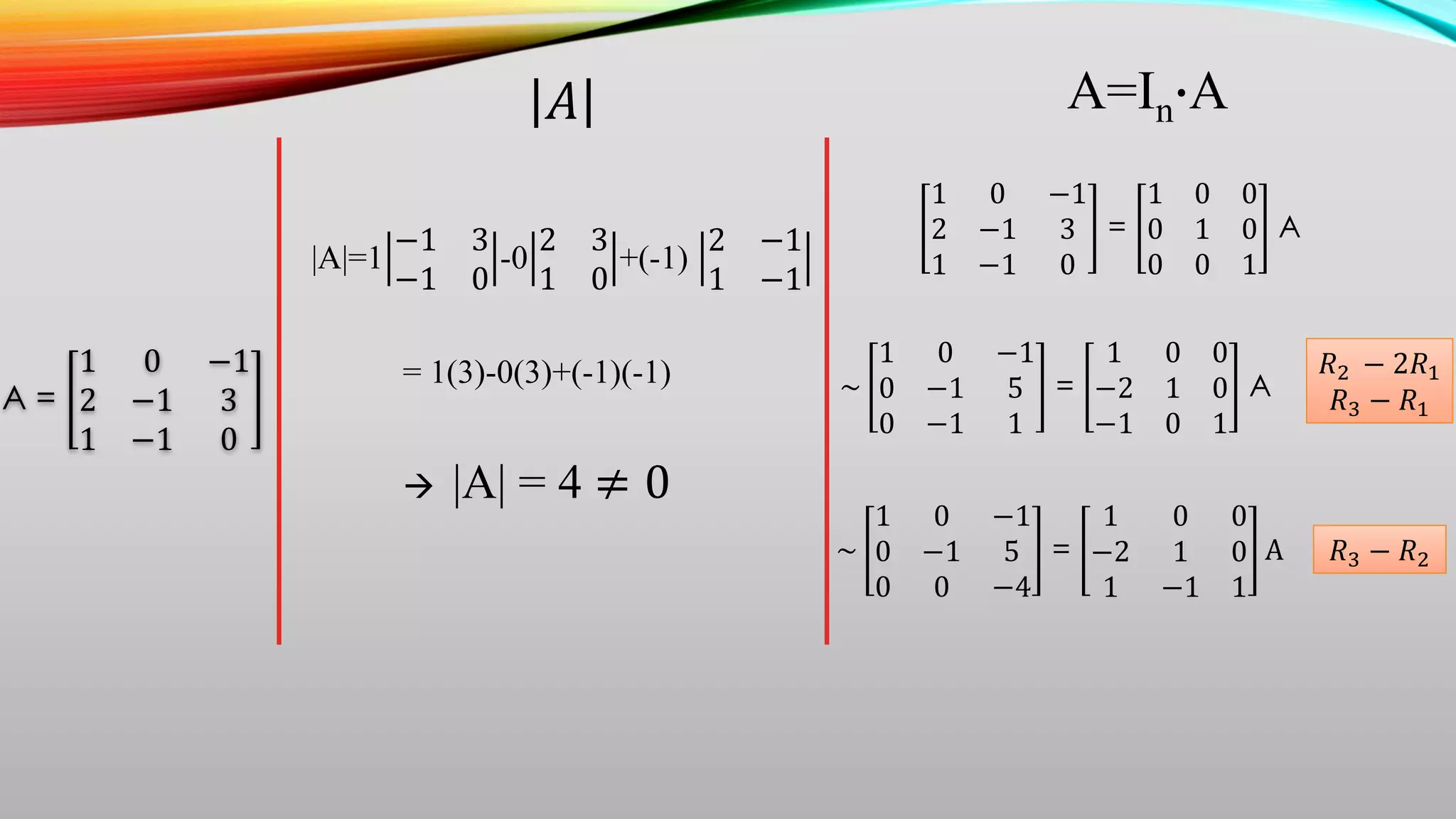 A =
1 0 −1
2 −1 3
1 −1 0
|A|=1
−1 3
−1 0
-0
2 3
1 0
+(-1)
2 −1
1 −1
= 1(3)-0(3)+(-1)(-1)
 |A| = 4 ≠ 0
𝐴
1 0 −1
2 −1 3
1 −1 0
=
1 0 0
0 1 0
0 0 1
A
A=In∙A
~
1 0 −1
0 −1 5
0 −1 1
=
1 0 0
−2 1 0
−1 0 1
A
𝑅2 − 2𝑅1
𝑅3 − 𝑅1
~
1 0 −1
0 −1 5
0 0 −4
=
1 0 0
−2 1 0
1 −1 1
A 𝑅3 − 𝑅2
 