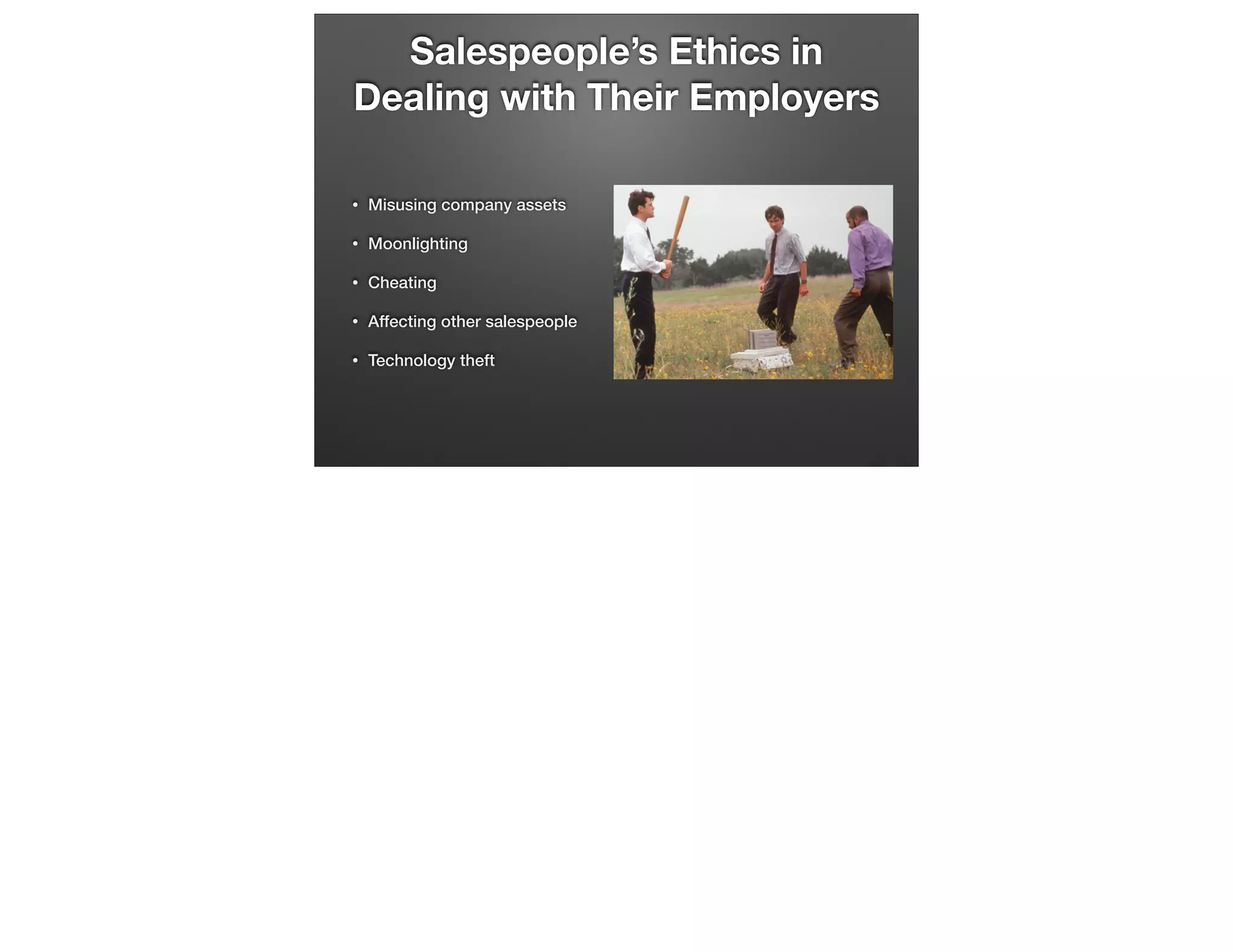 Salespeople’s Ethics in
Dealing with Their Employers
•

Misusing company assets

•

Moonlighting

•

Cheating

•

Affecting other salespeople

•

Technology theft

 