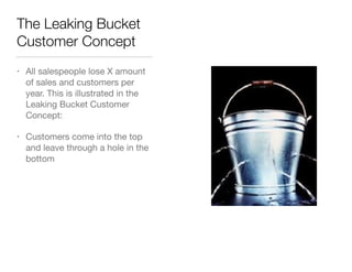 The Leaking Bucket
Customer Concept
•

All salespeople lose X amount
of sales and customers per
year. This is illustrated in the
Leaking Bucket Customer
Concept:


•

Customers come into the top
and leave through a hole in the
bottom

 
