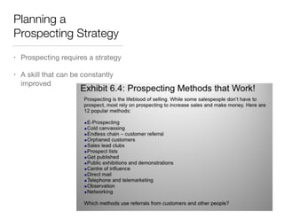 Planning a
Prospecting Strategy
•

Prospecting requires a strategy


•

A skill that can be constantly
improved

 