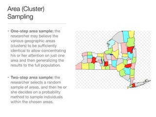 Area (Cluster)
Sampling
• One-step area sample: the
researcher may believe the
various geographic areas
(clusters) to be suﬃciently
identical to allow concentrating
his or her attention on just one
area and then generalizing the
results to the full population.

• Two-step area sample: the
researcher selects a random
sample of areas, and then he or
she decides on a probability
method to sample individuals
within the chosen areas.
 