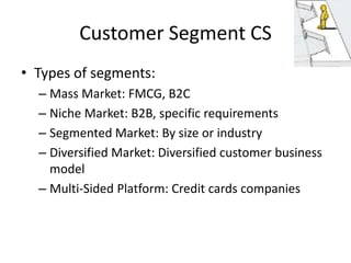Customer Segment CS
• Types of segments:
– Mass Market: FMCG, B2C
– Niche Market: B2B, specific requirements
– Segmented Market: By size or industry
– Diversified Market: Diversified customer business
model
– Multi-Sided Platform: Credit cards companies

 