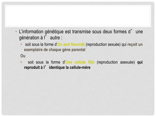 • L’information génétique est transmise sous deux formes d’une 
génération à l’autre : 
• soit sous la forme d’Un oeuf fécondé (reproduction sexuée) qui reçoit un 
exemplaire de chaque gène parental 
Ou 
• soit sous la forme d’Une cellule fille (reproduction asexuée) qui 
reproduit à l’identique la cellule-mère 
 