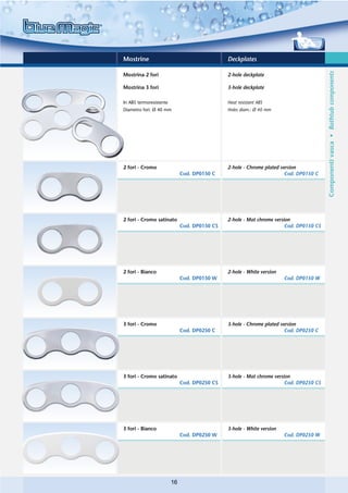 Mostrine                                       Deckplates




                                                                                         Componenti vasca • Bathtub components
Mostrina 2 fori                                2-hole deckplate

Mostrina 3 fori                                3-hole deckplate

In ABS termoresistente                         Heat resistant ABS
Diametro fori: Ø 40 mm                         Holes diam.: Ø 40 mm




2 fori - Cromo                                 2-hole - Chrome plated version
                              Cod. DP0150 C                             Cod. DP0150 C




2 fori - Cromo satinato                        2-hole - Mat chrome version
                              Cod. DP0150 CS                            Cod. DP0150 CS




2 fori - Bianco                                2-hole - White version
                              Cod. DP0150 W                             Cod. DP0150 W




3 fori - Cromo                                 3-hole - Chrome plated version
                              Cod. DP0250 C                             Cod. DP0250 C




3 fori - Cromo satinato                        3-hole - Mat chrome version
                              Cod. DP0250 CS                            Cod. DP0250 CS




3 fori - Bianco                                3-hole - White version
                              Cod. DP0250 W                             Cod. DP0250 W




                         16
 