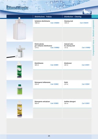 Disinfezione - Pulizia                  Disinfection - Cleaning




                                                                                Componenti vasca • Bathtub components
Serbatoio disinfettante                 Cleaning tank
1000 ml                   Cod. CV0203   1000 ml              Cod. CV0203




Elettrovalvola                          Solenoid valve
per serbatoio disinfezione              for cleaning tank
12V dc                  Cod. CV0002     12V dc                    Cod. CV0002




Disinfettante                           Disinfectant
500 ml                    Cod. DS001    500 ml                    Cod. DS001




Detergente brillantante                 Polish
250 ml                    Cod. DS002    250 ml                    Cod. DS002




Detergente anticalcare                  Antilime detergent
500 ml                    Cod. DS003    500 ml                    Cod. DS003




                    25
 