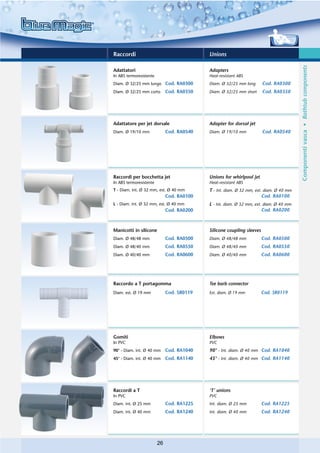 Raccordi                                    Unions




                                                                                         Componenti vasca • Bathtub components
Adattatori                                  Adapters
In ABS termoresistente                      Heat-resistant ABS
Diam. Ø 32/25 mm lungo Cod. RA0300          Diam. Ø 32/25 mm long       Cod. RA0300
Diam. Ø 32/25 mm corto        Cod. RA0350   Diam. Ø 32/25 mm short      Cod. RA0350




Adattatore per jet dorsale                  Adapter for dorsal jet
Diam. Ø 19/10 mm              Cod. RA0540   Diam. Ø 19/10 mm            Cod. RA0540




Raccordi per bocchetta jet                  Unions for whirlpool jet
In ABS termoresistente                      Heat-resistant ABS
T - Diam. int. Ø 32 mm, est. Ø 40 mm        T - Int. diam. Ø 32 mm, ext. diam. Ø 40 mm
                              Cod. RA0100                               Cod. RA0100
L - Diam. int. Ø 32 mm, est. Ø 40 mm        L - Int. diam. Ø 32 mm, ext. diam. Ø 40 mm
                              Cod. RA0200                               Cod. RA0200



Manicotti in silicone                       Silicone coupling sleeves
Diam. Ø 48/48 mm              Cod. RA0500   Diam. Ø 48/48 mm            Cod. RA0500
Diam. Ø 48/40 mm              Cod. RA0550   Diam. Ø 48/40 mm            Cod. RA0550
Diam. Ø 40/40 mm              Cod. RA0600   Diam. Ø 40/40 mm            Cod. RA0600




Raccordo a T portagomma                     Tee barb connector
Diam. est. Ø 19 mm            Cod. SR0119   Ext. diam. Ø 19 mm          Cod. SR0119




Gomiti                                      Elbows
In PVC                                      PVC
90° - Diam. int. Ø 40 mm      Cod. RA1040   90° - Int. diam. Ø 40 mm Cod. RA1040
45° - Diam. int. Ø 40 mm      Cod. RA1140   45° - Int. diam. Ø 40 mm Cod. RA1140




Raccordi a T                                ‘T’ unions
In PVC                                      PVC
Diam. int. Ø 25 mm            Cod. RA1225   Int. diam. Ø 25 mm          Cod. RA1225
Diam. int. Ø 40 mm            Cod. RA1240   Int. diam. Ø 40 mm          Cod. RA1240




                         26
 