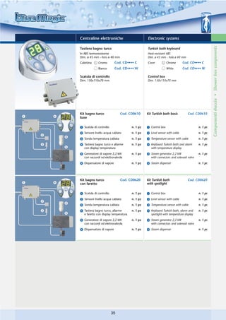 Centraline elettroniche                         Electronic systems




                                                                                                 Componenti doccia • Shower box components
Tastiera bagno turco                            Turkish bath keyboard
In ABS termoresistente                          Heat-resistant ABS
Dim. ø 45 mm - foro ø 40 mm                     Dim. ø 45 mm - hole ø 40 mm
Calottina    Cromo         Cod. CD•••• C        Cover           Chrome      Cod. CD•••• C
             Bianco        Cod. CD•••• W                        White       Cod. CD•••• W

Scatola di controllo                            Control box
Dim. 150x110x70 mm                              Dim. 150x110x70 mm




Kit bagno turco               Cod. CD0610       Kit Turkish bath basic         Cod. CD0610
base

ᕡ Scatola di controllo                n. 1 pz   ᕡ Control box                          n. 1 pc
ᕢ Sensore livello acqua cablato       n. 1 pz   ᕢ Level sensor with cable              n. 1 pc
ᕣ Sonda temperatura cablata           n. 1 pz   ᕣ Temperature sensor with cable        n. 1 pc
ᕤ Tastiera bagno turco e allarme      n. 1 pz   ᕤ Keyboard Turkish bath and alarm      n. 1 pc
  con display temperatura                         with temperature display
ᕥ Generatore di vapore 2,2 kW         n. 1 pz   ᕥ Steam generator 2,2 kW               n. 1 pc
  con raccordi ed elettrovalvola                  with connectors and solenoid valve
ᕦ Dispensatore di vapore              n. 1 pz   ᕦ Steam dispenser                      n. 1 pc




Kit bagno turco               Cod. CD0620       Kit Turkish bath               Cod. CD0620
con faretto                                     with spotlight

ᕡ Scatola di controllo                n. 1 pz   ᕡ Control box                          n. 1 pc
ᕢ Sensore livello acqua cablato       n. 1 pz   ᕢ Level sensor with cable              n. 1 pc
ᕣ Sonda temperatura cablata           n. 1 pz   ᕣ Temperature sensor with cable        n. 1 pc
ᕤ Tastiera bagno turco, allarme       n. 1 pz   ᕤ Keyboard Turkish bath, alarm and     n. 1 pc
  e faretto con display temperatura               spotlight with temperature display
ᕥ Generatore di vapore 2,2 kW         n. 1 pz   ᕥ Steam generator 2,2 kW               n. 1 pc
  con raccordi ed elettrovalvola                  with connectors and solenoid valve
ᕦ Dispensatore di vapore              n. 1 pz   ᕦ Steam dispenser                      n. 1 pc




                         35
 