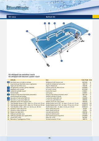 Kit vasca                                                            Bathtub kits




 Kit whirlpool con centralina i-touch
 Kit whirlpool with electronic system i-touch
     Articolo                                                         Item                                                          Cod./Code Q.tà
1    Bocchetta vasca con placca cromata                               Whirlpool jet with chrome cover                               WJ0100C     6
2    Guarnizione per bocchetta vasca e aspirazione                    Gasket for whirlpool jet and suction                           WJ0110     7
3    Tappo per bocchetta vasca                                        Plug for whirlpool jet                                         WJ0109     2
4    Kit aspirazione cromato, gomito F40/M50                          Chrome suction kit, elbow 40 mm                               SU0200C     1
5    Regolatore aria cromato                                          Air control, chrome                                           AC0100C     1
6    Scatola di controllo i-touch                                     Control box i-touch                                            CV0051     1
7    Sensore livello                                                  Level sensor                                                   CV0001     2
8    Pompa 0,71Hp senza interruttore pneumatico                       Pump 0,71Hp without pneumatic switch                           PJ071SP    1
9    Ammortizzatore per pompa                                         Vibration absorber for pump                                     PU001     4
10   Raccordo a Y due uscite M25 mm                                   Y union two outlets M25 mm                                     RA0400     4
11   Raccordo a Y una uscita M25 mm                                   Y union one outlet M25 mm                                      RA0450     2
12   Adattatore 32/25 mm versione corta                               Adapter 32/25 mm, short version                                RA0350     2
13   Tubo flessibile retinato in PVC - diam. int. 25 mm, est. 32 mm   Braided flexible hose in PVC - int. diam. 25 mm, ext. 32 mm   HO00525    3,5
14   Tubo flessibile retinato in PVC - diam. int. 19 mm, est. 25 mm   Braided flexible hose in PVC - int. diam. 19 mm, ext. 25 mm   HO00519    2,5
15   Tubo flessibile in PVC - diam. int. 32 mm, est. 40 mm            Flexible hose in PVC - int. diam. 32 mm, ext. 40 mm           HO00232     1
16   Fascetta in nylon 29/33 mm                                       Plastic clamp 29/33 mm                                          CL029    12
17   Fascetta in nylon 24/28 mm                                       Plastic clamp 24/28 mm                                          CL024    14
18   Piedino con dado M10                                             Foot with steel nut M10                                        PD0100     4
19   Molla per pannello vasca                                         Spring for bathtub panel                                       ST0100     5
20   Staffa per pannello vasca aperta M10                             Open bathtub panel stirrup M10                                ST0200A     4
21   Gomito 90° in PVC                                                Elbow 90° in PVC                                               RA1040     1
22   Raccordo a T portagomma 19 mm                                    Tee barb connector 19 mm                                       SR0119     1




                                                                             45
 