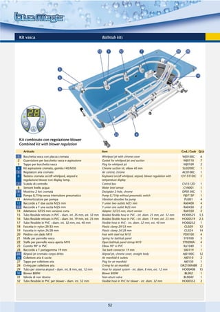 Kit vasca                                                            Bathtub kits




 Kit combinato con regolazione blower
 Combined kit with blower regulation
     Articolo                                                         Item                                                          Cod./Code Q.tà
1    Bocchetta vasca con placca cromata                               Whirlpool jet with chrome cover                                WJ0100C    6
2    Guarnizione per bocchetta vasca e aspirazione                    Gasket for whirlpool jet and suction                            WJ0110    7
3    Tappo per bocchetta vasca                                        Plug for whirlpool jet                                          WJ0109    2
4    Kit aspirazione cromato, gomito F40/M50                          Chrome suction kit, elbow 40 mm                                SU0200C    1
5    Regolatore aria cromato                                          Air control, chrome                                            AC0100C    1
6    Tastiera cromata on/off whirlpool, airpool e                     Keyboard on/off whirlpool, airpool, blower regulation with    CV1511DC    1
     regolazione blower con display temp.                             temperature display
7    Scatola di controllo                                             Control box                                                    CV1512D     1
8    Sensore livello acqua                                            Water level sensor                                              CV0001     1
9    Mostrina 2 fori cromata                                          Deckplate 2-hole, chrome                                       DP0150C     1
10   Pompa 0,71Hp senza interruttore pneumatico                       Pump 0,71Hp without pneumatic switch                            PJ071SP    1
11   Ammortizzatore per pompa                                         Vibration absorber for pump                                      PU001     4
12   Raccordo a Y due uscite M25 mm                                   Y union two outlets M25 mm                                      RA0400     4
13   Raccordo a Y una uscita M25 mm                                   Y union one outlet M25 mm                                       RA0450     2
14   Adattatore 32/25 mm versione corta                               Adapter 32/25 mm, short version                                 RA0350     2
15   Tubo flessibile retinato in PVC - diam. int. 25 mm, est. 32 mm   Braided flexible hose in PVC - int. diam. 25 mm, ext. 32 mm    HO00525    3,5
16   Tubo flessibile retinato in PVC - diam. int. 19 mm, est. 25 mm   Braided flexible hose in PVC - int. diam. 19 mm, ext. 25 mm    HO00519    2,5
17   Tubo flessibile in PVC - diam. int. 32 mm, est. 40 mm            Flexible hose in PVC - int. diam. 32 mm, ext. 40 mm            HO00232     1
18   Fascetta in nylon 29/33 mm                                       Plastic clamp 29/33 mm                                           CL029    12
19   Fascetta in nylon 24/28 mm                                       Plastic clamp 24/28 mm                                           CL024    14
20   Piedino con dado M10                                             Foot with steel nut M10                                         PD0100     4
21   Molla per pannello vasca                                         Spring for bathtub panel                                        ST0100     5
22   Staffa per pannello vasca aperta M10                             Open bathtub panel stirrup M10                                 ST0200A     4
23   Gomito 90° in PVC                                                Elbow 90° in PVC                                                RA1040     1
24   Raccordo a T portagomma 19 mm                                    Tee barb connector 19 mm                                        SR0119     1
25   Airpool jet cromato corpo dritto                                 Airpool jet, chrome cover, straight body                       AJ0100C    12
26   Collettore aria 6 uscite                                         Air manifold 6 outlets                                          AJ0110     2
27   Tappo per collettore aria                                        Plug for air manifold                                           AJ0130     1
28   O-ring per collettore aria                                       O-ring for air manifold                                       OR2100NBR    2
29   Tubo per sistema airpool - diam. int. 8 mm, est. 12 mm           Hose for airpool system - int. diam. 8 mm, ext. 12 mm          HO00408    15
30   Blower 800W                                                      Blower 800W                                                      BL002     1
31   Valvola di non ritorno                                           Non-return valve                                                BL004V     1
32   Tubo flessibile in PVC per blower - diam. int. 32 mm             Flexible hose in PVC for blower - int. diam. 32 mm             HO00332     2




                                                                             52
 