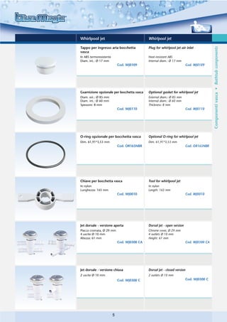 Whirlpool jet                                 Whirlpool jet

Tappo per ingresso aria bocchetta             Plug for whirlpool jet air inlet




                                                                                           Componenti vasca • Bathtub components
vasca
In ABS termoresistente                        Heat-resistant ABS
Diam. int.: Ø 17 mm                           Internal diam.: Ø 17 mm
                             Cod. WJ0109                                  Cod. WJ0109




Guarnizione opzionale per bocchetta vasca     Optional gasket for whirlpool jet
Diam. est.: Ø 85 mm                           External diam.: Ø 85 mm
Diam. int.: Ø 60 mm                           Internal diam.: Ø 60 mm
Spessore: 8 mm                                Thickness: 8 mm
                             Cod. WJ0110                                  Cod. WJ0110




O-ring opzionale per bocchetta vasca          Optional O-ring for whirlpool jet
Dim. 61,91*3,53 mm                            Dim. 61,91*3,53 mm
                             Cod. OR165NBR                                Cod. OR165NBR




Chiave per bocchetta vasca                    Tool for whirlpool jet
In nylon                                      In nylon
Lunghezza: 165 mm                             Length: 165 mm
                             Cod. WJ0010                                  Cod. WJ0010




Jet dorsale - versione aperta                 Dorsal jet - open version
Placca cromata, Ø 29 mm                       Chrome cover, Ø 29 mm
4 uscite Ø 10 mm                              4 outlets Ø 10 mm
Altezza: 61 mm                                Height: 61 mm
                             Cod. WJ0300 CA                               Cod. WJ0300 CA




Jet dorsale - versione chiusa                 Dorsal jet - closed version
2 uscite Ø 10 mm                              2 outlets Ø 10 mm
                             Cod. WJ0300 C                                Cod. WJ0300 C




                         5
 