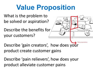 What is the problem to
be solved or aspiration?
Describe the benefits for
your customers?
Describe ‘gain creators’, how does your
product create customer gains
Describe ‘pain relievers’, how does your
product alleviate customer pains
Value Proposition
 