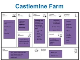 Foodies
Premium
food
consumers
ABC 1
Young
dynamic
shoppers
Chefs
owners
Farm shop
Van distribution
Markets
Shops
Community
development
Social media
Cookery demos
Special offers
Retail price
Added value
Feed, energy, labour, health
bills, labour, rent, rates,
utilities, distribution,
production
Production
Sales and
marketing
Processing
Feed companies,
vets,
Distributors
CEB
Bord Bia
Land, machinery
Labour, retail until,
processing equip
A trusted and
traceable
source of high
quality food:
- Dry aged angus
beef
- Free range
pork
- Lamb
- Free range
bronze
turkeys
- Meat Pies
Castlemine Farm
 