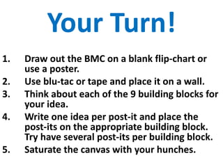 Your Turn!
1. Draw out the BMC on a blank flip-chart or
use a poster.
2. Use blu-tac or tape and place it on a wall.
3. Think about each of the 9 building blocks for
your idea.
4. Write one idea per post-it and place the
post-its on the appropriate building block.
Try have several post-its per building block.
5. Saturate the canvas with your hunches.
 
