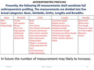 8/5/2017 BMI - Kalidasan 43
ANTHROPOMETRIC PROFILING
Presently, the following 39 measurements shall constitute full
anthropometric profiling. The measurements are divided into five
broad categories: Basic, Skinfolds, Girths, Lengths and Breadths.
Basic Skinfolds Girths Lengths Breadths
Mass
Stature
Sitting height
Triceps
Sub scapular
Biceps
Iliac Crest
Supraspinale
Abdominal
Front thigh
Medial calf
Head
Neck
Arm (relax)
Arm (flexed and tensed)
Forearm (maximum)
Wrist (distal styloids)
Chest (mesosternale)
Waist (minimum)
Gluteal (hips)
Thigh (1 cm gluteal)
Thigh (mid-troch-tib.
Lat.)
Calf (maximum)
Ankle (minimum)
Acromiale-radiale
Radiale-stylion
Midstylion-dactylion
Iliospinale height
Trochanterion height
Trochanterion-tibiale laterale
Tibiale laterale height
Tibiale mediale-sphyrion
tibiale
Biacromial
Biiliocristal
Foot length
Transverse chest
A-P chest depth
Humerus
Femur
In future the number of measurement may likely to increase.
 
