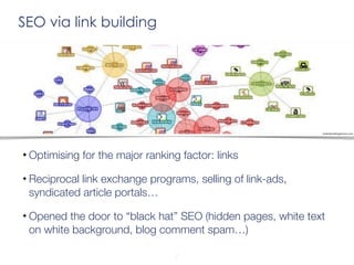 SEO via link building 
Optimising for the major ranking factor: links 
Reciprocal link exchange programs, selling of link-...