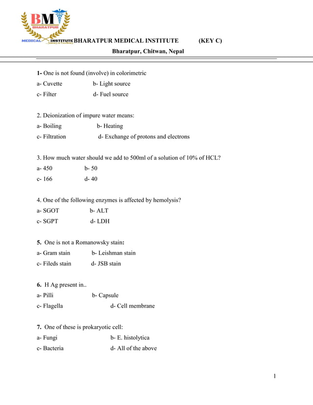 MCQ Medical lab technology PDF