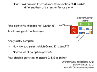 Gene-Environment Interactions: Combination of G and E
diﬀerent than of variant or factor alone
Find additional disease risk (variance)

Posit biological mechanisms
G+
G-
E+ E-NAT2 variant
smoke?
cancer
non-cancer
Bladder Cancer
Environmental Toxicology. 2012

Bioinformatics. 2012

Curr Op Env Health (in press)
Analytically complex

• How do you select which G and E to test???

• Need a lot of samples (power!)

Few studies exist that measure G & E together
 
