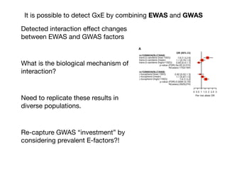 It is possible to detect GxE by combining EWAS and GWAS
Detected interaction eﬀect changes
between EWAS and GWAS factors

What is the biological mechanism of
interaction? 

Need to replicate these results in
diverse populations.

Re-capture GWAS “investment” by
considering prevalent E-factors?!

 