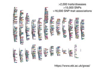 >2,000 traits/diseases

>15,000 SNPs

>16,000 SNP-trait associations
https://www.ebi.ac.uk/gwas/
 