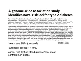 ARTICLES
A genome-wide association study
identifies novel risk loci for type 2 diabetes
Robert Sladek1,2,4
, Ghislain Rocheleau1
*, Johan Rung4
*, Christian Dina5
*, Lishuang Shen1
, David Serre1
,
Philippe Boutin5
, Daniel Vincent4
, Alexandre Belisle4
, Samy Hadjadj6
, Beverley Balkau7
, Barbara Heude7
,
Guillaume Charpentier8
, Thomas J. Hudson4,9
, Alexandre Montpetit4
, Alexey V. Pshezhetsky10
, Marc Prentki10,11
,
Barry I. Posner2,12
, David J. Balding13
, David Meyre5
, Constantin Polychronakos1,3
& Philippe Froguel5,14
Type 2 diabetes mellitus results from the interaction of environmental factors with a combination of genetic variants, most of
which were hitherto unknown. A systematic search for these variants was recently made possible by the development of
high-density arrays that permit the genotyping of hundreds of thousands of polymorphisms. We tested 392,935
single-nucleotide polymorphisms in a French case–control cohort. Markers with the most significant difference in genotype
frequencies between cases of type 2 diabetes and controls were fast-tracked for testing in a second cohort. This identified
four loci containing variants that confer type 2 diabetes risk, in addition to confirming the known association with the TCF7L2
gene. These loci include a non-synonymous polymorphism in the zinc transporter SLC30A8, which is expressed exclusively in
insulin-producing b-cells, and two linkage disequilibrium blocks that contain genes potentially involved in b-cell
development or function (IDE–KIF11–HHEX and EXT2–ALX4). These associations explain a substantial portion of disease risk
and constitute proof of principle for the genome-wide approach to the elucidation of complex genetic traits.
The rapidly increasing prevalence of type 2 diabetes mellitus (T2DM) is
thought to be due to environmental factors, such as increased availabil-
ity of food and decreased opportunity and motivation for physical
activity, acting on genetically susceptible individuals. The heritability
of T2DM is one of the best established among common diseases and,
consequently, genetic risk factors for T2DM have been the subject of
intense research1
. Although the genetic causes of many monogenic
forms of diabetes (maturity onset diabetes in the young, neonatal mito-
chondrial and other syndromic types of diabetes mellitus) have been
elucidated, few variants leading to common T2DM have been clearly
identified and individually confer only a small risk (odds ratio < 1.1–
1.25) of developing T2DM1
. Linkage studies have reported many
T2DM-linked chromosomal regions and have identified putative, cau-
sative genetic variants in CAPN10 (ref. 2), ENPP1 (ref. 3), HNF4A (refs
genotypes for 392,935 single-nucleotide polymorphisms (SNPs) in
1,363 T2DM cases and controls (Supplementary Table 1). In order to
enrich for risk alleles21
, the diabetic subjects studied in stage 1 were
selected to have at least one affected first degree relative and age at
onset under 45 yr (excluding patients with maturity onset diabetes in
the young). Furthermore, in order to decrease phenotypic hetero-
geneity and to enrich for variants determining insulin resistance and
b-cell dysfunction through mechanisms other than severe obesity, we
initially studied diabetic patients with a body mass index (BMI)
,30 kg m22
. Control subjects were selected to have fasting blood
glucose ,5.7 mmol l21
in DESIR, a large prospective cohort for the
study of insulin resistance in French subjects22
.
Genotypes for each study subject were obtained using two plat-
Sladek, 2007How many SNPs (p-value?)
European-based; N ~ 1000
cases: high fasting blood glucose/non-obese

controls: non-obese
 