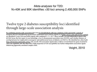 A RT I C L E S
By combining genome-wide association data from 8,130 individuals with type 2 diabetes (T2D) and 38,987 controls of
European descent and following up previously unidentified meta-analysis signals in a further 34,412 cases and 59,925 controls,
we identified 12 new T2D association signals with combined P < 5 × 10−8. These include a second independent signal at the
KCNQ1 locus; the first report, to our knowledge, of an X-chromosomal association (near DUSP9); and a further instance of
overlap between loci implicated in monogenic and multifactorial forms of diabetes (at HNF1A). The identified loci affect both
beta-cell function and insulin action, and, overall, T2D association signals show evidence of enrichment for genes involved in
cell cycle regulation. We also show that a high proportion of T2D susceptibility loci harbor independent association signals
influencing apparently unrelated complex traits.
Type 2 diabetes (T2D) is characterized by insulin resistance and
deficient beta-cell function1. The escalating prevalence of T2D and
the limitations of currently available preventative and therapeutic
options highlight the need for a more complete understanding of
T2D pathogenesis. To date, approximately 25 genome-wide significant
common variant associations with T2D have been described, mostly
through genome-wide association (GWA) analyses2–13. The identities
of the variants and genes mediating the susceptibility effects at most
of these signals have yet to be established, and the known variants
account for less than 10% of the overall estimated genetic contribution
to T2D predisposition. Although some of the unexplained heritability
will reflect variants poorly captured by existing GWA platforms, we
reasoned that an expanded meta-analysis of existing GWA data would
the inverse-variance method (Online Methods, Fig. 1, Supplementary
Tables 1 and 2 and Supplementary Note). We observed only modest
genomic control inflation ( gc = 1.07), suggesting that the observed
results were not due to population stratification. After removing SNPs
within established T2D loci (Supplementary Table 3), the result-
ing quantile-quantile plot was consistent with a modest excess of
disease associations of relatively small effect (Supplementary Note).
Weak evidence for association at HLA variants strongly associated
with autoimmune forms of diabetes (Supplementary Table 3 and
Supplementary Note) suggested some case admixture involving
subjects with type 1 diabetes or latent autoimmune diabetes of adult-
hood; however, failure to detect T2D associations at other non-HLA
type 1 diabetes susceptibility loci (for example, INS, PTPN22 and
Twelve type 2 diabetes susceptibility loci identified
through large-scale association analysis
Voight, 2010
Meta-analyses for T2D:
N>40K and 90K identiﬁes >30 loci among 2,400,000 SNPs
 