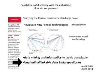Studying the Elusive Environment in Large Scale
Itispossiblethatmorethan50%ofcomplexdiseaserisk
isattributedtodifferencesinanindividual’senvironment.1
Airpollution,smoking,anddietaredocumentedenviron-
mental factors affecting health, yet these factors are but
a fraction of the “exposome,” the totality of the exposure
loadoccurringthroughoutaperson’slifetime.1
Investigat-
ing one or a handful of exposures at a time has led to a
highly fragmented literature of epidemiologic associa-
tions. Much of that literature is not reproducible, and se-
lectivereportingmaybeamajorreasonforthelackofre-
producibility. A new model is required to discover
environmental exposures associated with disease while
mitigating possibilities of selective reporting.
Toremedythelackofreproducibilityandconcernsof
validity, multiple personal exposures can be assessed si-
multaneously in terms of their association with a condi-
tion or disease of interest; the strongest associations can
then be tentatively validated in independent data sets
(eg, as done in references 2 and 3).2,3
The main advan-
tages of this process include the ability to search the list
ofexposuresandadjustformultiplicitysystematicallyand
reportalltheprobedassociationsinsteadofonlythemost
significant results. The term “environment-wide associa-
tion studies” (EWAS) has been used to describe this ap-
proach (an analogy to genome-wide association stud-
ies).Forexample,Wangetal4
screenedmorethan2000
chemicalsinserumtodiscoverendogenousexposuresas-
sociated with risk for cardiovascular disease.
Therearenotablehurdlesinanalyzing“big”environ-
the EWAS vantage point, intervening on β-carotene
(Figure, D) seems a futile exercise given its complex rela-
tionship with other nutrients and pollutants.
Giventhiscomplexity,howcanstudiesofenvironmen-
talriskmoveforward?First,EWASanalysesshouldbeap-
pliedtomultipledatasets,andconsistencycanbeformally
examinedforallassessedcorrelations.Second,thetempo-
ral relationship between exposure and changes in health
parametersmayofferhelpfulhintsaboutwhichofthesig-
nalsaremorethansimplecorrelations.Third,standardized
adjustedanalyses,inwhichadjustmentsareperformedsys-
tematicallyandinthesamewayacrossmultipledatasets,
may also help. This is in stark contrast with the current
model,wherebymostepidemiologicstudiesusesingledata
setswithoutreplicationaswellasnon–time-dependentas-
sessments,andreportedadjustmentsaremarkedlydiffer-
entacrossreportsanddatasets,eventhoseperformedby
thesameteam(differentapproachesincreasevaliditybut
mustbereconciledandassimilated).
However, eventually for most environmental cor-
relates,theremaybeunsurpassabledifficultyestablish-
ing potential causal inferences based on observational
data alone. Factors that seem protective may some-
times be tested in randomized trials. The complexity of
the multiple correlations also highlights the challenge
thatinterveningtomodify1putativeriskfactoralsomay
inadvertently affect multiple other correlated factors.
Even when a seemingly simple intervention is tested in
randomizedtrials(affectingasingleriskfactoramongthe
VIEWPOINT
Chirag J. Patel, PhD
Center for Biomedical
Informatics, Harvard
Medical School,
Boston, Massachusetts.
John P. A. Ioannidis,
MD, DSc
Stanford Prevention
Research Center,
Department of Health
Research and Policy,
Department of
Medicine, Stanford
University School of
Medicine, Stanford,
California, Department
of Statistics, Stanford
University School of
Humanities and
Sciences, Stanford,
California, and
Meta-Research
Innovation Center at
Stanford (METRICS),
Stanford, California.
Opinion
JAMA, 2014

JECH, 2014
•longitudinal/linkable data & biorepositories
Possibilities of discovery with the exposome:
How do we proceed?
Studying the Elusive Environment in Large Scale
Itispossiblethatmorethan50%ofcomplexdiseaserisk
isattributedtodifferencesinanindividual’senvironment.1
Airpollution,smoking,anddietaredocumentedenviron-
mental factors affecting health, yet these factors are but
a fraction of the “exposome,” the totality of the exposure
loadoccurringthroughoutaperson’slifetime.1
Investigat-
ing one or a handful of exposures at a time has led to a
highly fragmented literature of epidemiologic associa-
tions. Much of that literature is not reproducible, and se-
lectivereportingmaybeamajorreasonforthelackofre-
producibility. A new model is required to discover
environmental exposures associated with disease while
mitigating possibilities of selective reporting.
Toremedythelackofreproducibilityandconcernsof
validity, multiple personal exposures can be assessed si-
multaneously in terms of their association with a condi-
tion or disease of interest; the strongest associations can
then be tentatively validated in independent data sets
(eg, as done in references 2 and 3).2,3
The main advan-
tages of this process include the ability to search the list
ofexposuresandadjustformultiplicitysystematicallyand
reportalltheprobedassociationsinsteadofonlythemost
the EWAS vantage point, intervening on β-carotene
(Figure, D) seems a futile exercise given its complex rela
tionship with other nutrients and pollutants.
Giventhiscomplexity,howcanstudiesofenvironmen
talriskmoveforward?First,EWASanalysesshouldbeap
pliedtomultipledatasets,andconsistencycanbeformally
examinedforallassessedcorrelations.Second,thetempo
ral relationship between exposure and changes in health
parametersmayofferhelpfulhintsaboutwhichofthesig
nalsaremorethansimplecorrelations.Third,standardized
adjustedanalyses,inwhichadjustmentsareperformedsys
tematicallyandinthesamewayacrossmultipledatasets
may also help. This is in stark contrast with the curren
model,wherebymostepidemiologicstudiesusesingledata
setswithoutreplicationaswellasnon–time-dependentas
sessments,andreportedadjustmentsaremarkedlydiffer
entacrossreportsanddatasets,eventhoseperformedby
thesameteam(differentapproachesincreasevaliditybu
mustbereconciledandassimilated).
However, eventually for most environmental cor
relates,theremaybeunsurpassabledifficultyestablish
ing potential causal inferences based on observationa
VIEWPOINT
Chirag J. Patel, PhD
Center for Biomedical
Informatics, Harvard
Medical School,
Boston, Massachusetts.
John P. A. Ioannidis,
MD, DSc
Stanford Prevention
Research Center,
Department of Health
Research and Policy,
Department of
Medicine, Stanford
University School of
Medicine, Stanford,
California, Department
of Statistics, Stanford
University School of
Humanities and
Sciences, Stanford,
California, and
Meta-Research
Innovation Center at
Stanford (METRICS),
Stanford, California.
Opinion
High-throughputascertainmentofendogenousindicatorsofen-
vironmentalexposurethatmayreflecttheexposomeincreasinglyat-
tractattention,andtheirperformanceneedstobecarefullyevaluated.
These include chemical detection of indicators of exposure through
7
US federally funded gene expression experiment data be
itedinpublicrepositoriessuchastheGeneExpressionOmni
repositoryhasbeeninstrumentalindevelopmentoftechno
measurement of gene expression, data standardization, an
Figure. Correlation Interdependency Globes for 4 Environmental Exposures (Cotinine, Mercury, Cadmium, Trans-β-Carotene) in National Hea
Nutrition Examination Survey (NHANES) Participants, 2003-2004
A Serum cotinine B Serum total mercury C Serum cadmium D Serum trans-β-carotene
37 Total correlations 42 Total correlations 68 Total correlations 68 Total correlations
Negative correlation Positive cor
Infectious
agents
Pollutants
Nutrients
and vitamins
Demographic
attributes
Eachcorrelationinterdependencyglobeincludes317environmentalexposures
representedbythenodesaroundtheperipheryoftheglobe.Pairwisecorrelations
aredepictedbyedges(lines)betweenthenodeofinterest(arrowhead)andother
nodes.Correlationswithabsolutevaluesexceeding0.2areshown(strong
Thesizeofeachnodeisproportionaltothenumberofedgesforanode,a
thicknessofeachedgeindicatesthemagnitudeofthecorrelation.
Opinion Viewpoint
•data mining and informatics to tackle complexity
what causes what?
confounding
•evaluate new ‘omics technologies metabolomics
 