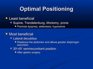 Optimal PositioningOptimal Positioning
 Least beneficialLeast beneficial
 Supine, Trendelenburg, lithotomy, proneSupine, Trendelenburg, lithotomy, prone
 Promote dyspnea, atelectasis, hypoxemiaPromote dyspnea, atelectasis, hypoxemia
 Most beneficialMost beneficial
 Lateral decubitusLateral decubitus
 Displaces the abdomen and allows greater diaphragmDisplaces the abdomen and allows greater diaphragm
excursionexcursion
 303000
-45-4500
semirecumbant positionsemirecumbant position
 After gastric surgeryAfter gastric surgery
 