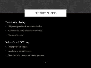 Penetration Policy
• High competition from market leaders
• Competitive and price sensitive market
• Gain market share
Value-Based Offering
• High purity of Ingots
• Available in different sizes
• Nominal price compared to competitors
PRODUCT PRICING
11
 