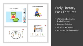 Early Literacy
Pack Features
• Interactive Book with
Symbol Support
• Sentence Building
• Initial Letter Sorting
• Receptive Vocabulary Find
 