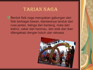 Tarian Naga Bentuk fisik naga merupakan gabungan dari fisik berbagai hewan, diantaranya tanduk dari rusa jantan, telinga dari banteng, mata dari kelinci, cakar dari harimau, dan sisik dari ikan dilengakapi dengan tubuh ular raksasa. 