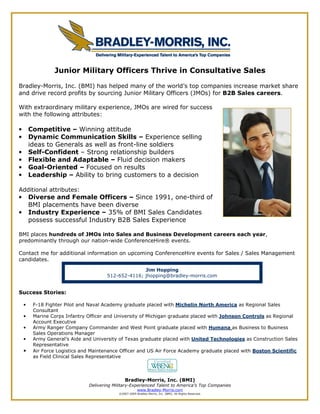 Bradley-Morris, Inc. (BMI)
Delivering Military-Experienced Talent to America’s Top Companies
www.Bradley-Morris.com
©2007-2009 Bradley-Morris, Inc. (BMI). All Rights Reserved.
Junior Military Officers Thrive in Consultative Sales
Bradley-Morris, Inc. (BMI) has helped many of the world’s top companies increase market share
and drive record profits by sourcing Junior Military Officers (JMOs) for B2B Sales careers.
With extraordinary military experience, JMOs are wired for success
with the following attributes:
• Competitive – Winning attitude
• Dynamic Communication Skills – Experience selling
ideas to Generals as well as front-line soldiers
• Self-Confident – Strong relationship builders
• Flexible and Adaptable – Fluid decision makers
• Goal-Oriented – Focused on results
• Leadership – Ability to bring customers to a decision
Additional attributes:
• Diverse and Female Officers – Since 1991, one-third of
BMI placements have been diverse
• Industry Experience – 35% of BMI Sales Candidates
possess successful Industry B2B Sales Experience
BMI places hundreds of JMOs into Sales and Business Development careers each year,
predominantly through our nation-wide ConferenceHire® events.
Contact me for additional information on upcoming ConferenceHire events for Sales / Sales Management
candidates.
Success Stories:
• F-18 Fighter Pilot and Naval Academy graduate placed with Michelin North America as Regional Sales
Consultant
• Marine Corps Infantry Officer and University of Michigan graduate placed with Johnson Controls as Regional
Account Executive
• Army Ranger Company Commander and West Point graduate placed with Humana as Business to Business
Sales Operations Manager
• Army General’s Aide and University of Texas graduate placed with United Technologies as Construction Sales
Representative
• Air Force Logistics and Maintenance Officer and US Air Force Academy graduate placed with Boston Scientific
as Field Clinical Sales Representative
Jim Hopping
512-652-4116; jhopping@bradley-morris.com
 
