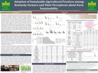 Adoption of Sustainable Agricultural Practices among
Kentucky Farmers and Their Perceptions about Farm
SustainabilityBijesh Mishra (bijesh.mishra@kysu.edu), Buddhi Gyawali (buddhi.gyawali@kysu.edu), Marion Simon (marion.simon@kysu.edu), Louie Rivers (louie.rivers@kysu.edu)
ABSTRACT
The adoption of sustainable agricultural practices (SAPs) has been very helpful to
attain agricultural sustainability. However, practices are localized and site specific
and, thus, less understood in Kentucky. A research was conducted throughout
the Kentucky using double stratified survey method to understand farmer’s
perception about their farm and farming practices sustainability, adoption of
sustainable agriculture practices (SAPs) and adoption barriers of sustainable
agriculture practices. The research found that farmers generally perceive that
their farm and farming activities are sustainable. The results of negative binomial
regression analysis suggest that row crop growers, farmers in favor of
diversification, and formal education level increase probability of SAPs adoption.
Vegetable growers, and farmers with irrigation facilities also increase probability
of the adoption. Income from agro-tourism, land operated, age are significant
variables of the adoption of SAPs in Kentucky. Inadequate knowledge, perceived
difficulty of implementation, lack of (adequate) market, negative attitude about
technologies, and lack of (appropriate) technologies were major adoption
barriers of SAPs in Kentucky.
BACKGROUND
METHODS
Double stratified sampling method was used to select 1000 farmers to send
surveys throughout Kentucky. Survey was sent out from North Carolina Print Mail
Center and returned to Regional Field Office of USDA/NASS at Louisville, KY. 31
commonly adopted sustainable agriculture practices were identified through
literature review. Focus group was conducted to get the initial insight of adoption
of listed practices. 230 Survey were weighted using Proportional weight and
analyzed using Negative Binomial Regression Model for the result as the
dependent variable was a count variable with over-dispersion.
USDA/NIFA- “ Farm Diversification for Strengthening of Small Farms in KY- Award # 2014-6800621865.
Summaries were derived using data collected in the 2014 Kentucky State University Economic Survey by the National Agriculture Statistics Service, United States Department of
Agriculture (NASS). Any interpretations and conclusion derived from the data not necessarily represents NASS views.
ACKNOWLEDGEMENTS
RESULTS
CONCLUSIONS
The increasing demand for food is leading to the modernization and globalization
of agriculture which has resulted in heavy use of chemicals, hybrid and transgenic
crops (Alteri, 2009; Rusch et al., 2010). With the changing scenario of Kentucky
agriculture, farming methods and crops mix have been continuously changing.
Farmers are looking alternative sustainable agriculture farming methods which
can be achieved through the adoption of sustainable agriculture practices (SAPs)
(Tanaka et al., 2012; UK 2009). The successful adoption of SAPs depends upon
several aspects such as farmers’ socioeconomic status, farm attributes,
demographics, behaviors and attitudes in this changing context (Coxe & Hedrich,
2007; Mesner & Paige, 2011).
This research summarize the findings of a research conducted in Kentucky State
University with the focus on three main objectives: 1) Explore farmer’s perception
about farm and farming practice sustainability, 2) Identify predictors of
sustainable agriculture practices adoptions using farm attributes, farmers’
attitudes and behaviors, socioeconomic and demographics and knowledge and 3)
Evaluate adoption barriers of sustainable agriculture practices adoption among
Kentucky farmers. This poster briefly discuss about the characteristics of Kentucky
farmers followed by three objectives mentioned in the order above.
Characteristics and Farm Attributes of Kentucky Farmers:
WORKS CITED
Figures: Focus group discussions among Farmers.
Variables N Mean Std. Error of Mean Std. Deviation Variance
Crops 230 0.543 0.019 0.346 0.154
Veggies 230 0.1597 0.0242 0.36710 0.135
Livestock 221 0.81 0.027 0.396 0.157
TBP Participation 191 0.42 0.045 0.617 0.380
Diverse 204 0.42 0.035 0.495 0.245
Inadequate Knowledge 230 0.15 0.024 0.361 0.130
Irrigation 230 0.0378 0.0126 0.19120 0.037
Work Off Farm 210 0.49 0.035 0.501 0.251
Sole Proprietorship 230 0.75 0.029 0.436 0.190
Agro-Tourism Income 193 0.03 0.013 0.182 0.033
Land Operated 230 169.596 36.165 548.457 300,804.589
Land Owned 224 144.597 22.275 333.445 111,185.604
Land Rented 57 197.582 94.545 716.441 513,287.755
Age (Years) 207 62.85 0.850 12.240 149.813
In Farming (Years) 187 33.28 1.352 18.487 341.781
Decision Making (Years) 185 29.86 1.200 16.337 266.901
Farmer's Education Level 191 2.67 0.088 1.210 1.464
Income*
187 1.80 0.081 1.101 1.212
Objective 1: How would you rate your farming practices as sustainable?
Variables Variables Descriptions β Std. Error
Wald Chi-
Square
Sig. Exp. (β)
Constant -0.305 0.9138 0.111 0.739 0.737
Crops*** Row crop farmers. 1 = Yes, 0 = Otherwise. 1.067 0.2388 19.967 0.000*** 2.907
Veggies** Vegetable farmers. 1 = Yes, 0 = Otherwise 0.555 0.2816 3.892 0.049** 1.743
Livestock Livestock farmers. 1 = Yes, 0 = Otherwise. 0.363 0.3386 1.147 0.284 1.437
TBP
Participation in Tobacco Buyout Program. 1 =
Yes, 0 = Otherwise.
0.181 0.2152 0.705 0.401 1.198
Diverse***
Farmers in favor of diversification. 1 = Yes, 0 =
Otherwise.
0.778 0.2100 13.730 0.000*** 2.178
Inadequate
Knowledge
A barrier for adoption of SAPs. 1= Yes, 0 =
Otherwise.
-0.254 0.2706 0.882 0.348 0.776
Irrigation**
Farmer with irrigation facility in Farm. 1 = Yes, 0
= Otherwise.
0.948 0.4261 4.954 0.026** 2.582
Work Off Farm
Farmers working off Farm. 1 = Yes, 0 =
Otherwise.
0.109 0.2632 0.172 0.679 1.115
Sole Proprietorship
Farmers with sole ownership of farm land. 1 =
Yes, 0 = Otherwise.
-0.070 0.2717 0.067 0.796 0.932
Agro-tourism
Income*
Farmers drawing income from agro-tourism. 1 =
Yes, 0 = Otherwise.
0.927 0.5187 3.193 0.074* 2.526
Land Operated* Total land operated (Acres) 0.001 0.0004 3.620 0.057* 1.001
Age* Age of Farmers (Years) -0.022 0.0118 3.611 0.057* 0.978
Education Level***
Formal education level of farmers. 1= less than
high school, 2 = high school degree, 3 = some
college education, 4 = college degree, 5 =
professional or graduate degree.
0.305 0.0822 13.771 0.000*** 1.357
Value/df Deviance 1.891 Pearson Chi-squared 1.891
N = 205. Significance Level: *** = 99% CI/ 0.001 SL; ** = 95% CI or 0.05 SL; and * = 90% CI or 0.10 SL.
Dependent Variable: Adoption of Sustainable Agriculture practices (SAPs) among Kentucky Farmers.
Objective 2: Factors affecting adoption of Sustainable Agriculture Practices in Kentucky:
Table: Number of SAPs adopted by individual farmers.
Number of
SAPs
Frequency (Percent)
Cumulative
Percent
0 (Not
Adopted)
150 (65.32%) 65.3
1 to 7 51 (22.37%) 87.7
8 to 14 22 (9.39%) 97.1
15 to 21 5 (2.27%) 99.3
22 to 28 2 (0.65%) 100.0
Total (N) 230 (100%)
Adoption Barriers of SAPs Frequency (Percent)
Inadequate Knowledge 35 (15.22%)
Perceived Difficulty of Implementation 12 (5.22%)
Negative Attitude About Technologies 8 (3.84%)
Lack of Adequate Market 8 (3.48%)
Lack of Appropriate Technologies 7 (3.04%)
Lack of Consumer Acceptance 3 (1.30%)
Happy With What I am Doing 99 (43.04%)
Others 7 (3.04%)
Total 183 (79.57%)
Missing 47 (20.43%)
Total 230 (100%)
Objective 3: Adoption barriers of Sustainable Agriculture Practices in Kentucky:
Altieri, M. A. (2009). Agroecology, small farms, and food sovereignty. Monthly Review, 61(3), 102. doi:10.14452/mr-061-03-2009-07_8
Rusch, A., Valantin-Morison, M., Sarthou, J. P., & Roger-Estrade, J. (2010). Biological control of insects pests in agroecosystem: effects of crop management, farming systems and
seminatural habitats at the landscape scale: A review. In Advances in Agronomy (Vol. 09, pp. 219-259). Elsevier Inc. doi:10.1016/B978-0-12-385040-9.00006-2
Coxe, H.M. & Hedrich, M. F. (2007). Manual of Best Management Practices for Maine Agriculture. Maine Department of Agriculture, Food & Rural Resources, Division of Animal
Health and Industry. Retrieved in October 24, 2016 from https://www1.maine.gov/dacf/php/nutrient_management/documents/BMP-Manual-Final-January-2007.pdf
Mesner, N., & Paige, G. (2011). Best Management Practices Monitoring Guide for Stream Systems (R. Waggener, Ed.). Retrieved November 15, 2016, from
http://www.uwyo.edu/bmp-water/docs/bmp mon guide streams web.pdf
Tanaka, K., Williams, M., Jacobsen, K., & Mullen, M. D. (2012). Teaching Sustainability, Teaching Sustainability (First Edition ed.). Virginia: Stylus Publishing, LLC.
University of Kentucky. (2009). Five Years after the Tobacco Buyout Program. (M. Jackson, Ed.) The Ag Magazine, 10(3). Retrieved from
http://www2.ca.uky.edu/agcomm/magazine/2009/FALL-2009/Articles/FiveYearsAftertheTobaccoBuyout.html
This research includes small farmers with income level below $100,000 and operated land
acreage below 500 Acres. Though, 65.32% of farmers are non-adaptor of SAPs, large
number of farmers believe that they are farming sustainably. Vegetable growers, row crop
growers and farmers with irrigation are significant and positive predictors of adoption of
sustainable agriculture practices whereas age is significantly negative. Inadequate
Knowledge and difficulty of implementation, being two major barriers of adoption,
suggests importance of trainings and extension to fight against these adoption barriers.
Figure: Survey Sent and Received
(Ag. District Wise)
6
36
41
59
65
2.5
15.8 17.9
25.8 28.1
0
10
20
30
40
50
60
70
31 to 40 41 to 50 51 to 60 61 to 70 71 and Above
Years
Age of Kentucky Farmers
Age (Yrs) Age (Yrs) (%)
25
32
39
19
40
32
11
3.8
16.9
8.4
17.5
13.8
0
10
20
30
40
50
0 to 10 11 to 20 21 to 30 31 to 40 41 to 50 51 or Above
Years
Total Years in Farming
In Farming (Yrs) In Farming (Yrs) (%)
31
34 33
30
39
17
13.7 14.8 14.5 13.2
16.8
7.6
0
5
10
15
20
25
30
35
40
45
0 to 10 11 to 20 21 to 30 31 to 40 41 to 50 51 to 60
Years
Decision Making (Years)
Decision Making (Yrs) Decision Making (Yrs) (%)
95
63
13 9 5 3
41.3
27.2
5.6 3.9 2 1.3
0
20
40
60
80
100
Below 10,000 10,000 to
49,999
50,000 to
99,999
100,000 to
249,999
250,000 to
499,999
More than
500,000
Kentucky Farmers' Annual income from Farming
Frequency Percentage
172
13 7 7 3
74.7
5.8 3.2 3 1.3
0
50
100
150
200
Sole
Proprietorship
Partnership Family Held
Corporation
Trust or Estate Others
Ty[pes of Ownership
Types of Ownership of Farms
Frequency Percentage
116
77
25
8 12
50.3
33.5
11
3.6 5.1
0
20
40
60
80
100
120
140
0 to 99 100 to 249 250 to 499 500 and Above 1000 or Above
Land Operated (Acres)
Total Land Operated (Acres)
Frequency Percentage
123
69
21
10
53.5
30.2
9.2 4.6
0
20
40
60
80
100
120
140
0 to 99 100 to 249 250 to 499 500 and Above
Land Owned (Acres)
Total Land Owned (Acres)
Frequency Percentage
32
14
7
4
14.1
6.2
3 1.7
0
5
10
15
20
25
30
35
0 to 99 100 to 249 250 to 499 500 and Above
Land Rented (Acres)
Land Rented (Acres)
Frequency Percentage
30
71
44
26
21
13
30.8
19.1
11.2
0.09
22
47
17
23
33
9.6
20.5
7.3
10
14.5
0
10
20
30
40
50
60
70
80
Less than High School High School Some college College Degree Graduate Degree
Formal Education Level
Formal Education level of Farmer and Farmers' Spouse in Kentucky
Farmer Frequency Farmer Percent Farmers' Spouse Frequency Farmers' Spouse Percent
Figure (left): Ten most commonly
adopted sustainable agriculture
practices in Kentucky. Farmers are more
likely to use practices that are
inexpensive, requires less technical
knowledge and, also, are
environmentally friendly.
9.5
8.4
12.5
11.3
25.6
17.7
20.5
16.5
37.1
43.5
40.7
36.8
17.8
19.1
18.1
32.8
0% 10% 20% 30% 40% 50% 60% 70% 80% 90% 100%
Social Sustainability
Social Acceptability
Food System Sustainability
Local Ecosystem Sustainability
1
2
3
4
5
0
12 8 8 7 3
99
7
15.22
5.22 3.84 3.84 3.04 1.3
43.04
3.04
0
20
40
60
80
100
120
Adoption Barriers of SAPs among Kentucky Farmers
Frequency Percent
 