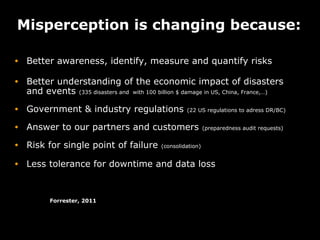 Misperception is changing because:

•   Better awareness, identify, measure and quantify risks

•   Better understanding of the economic impact of disasters
    and events (335 disasters and with 100 billion $ damage in US, China, France,…)
•   Government & industry regulations                 (22 US regulations to adress DR/BC)


•   Answer to our partners and customers                       (preparedness audit requests)


•   Risk for single point of failure         (consolidation)


•   Less tolerance for downtime and data loss



           Forrester, 2011
 