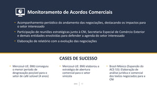 BMJ 10BMJ 10
CASES DE SUCESSO
• Acompanhamento periódico do andamento das negociações, destacando os impactos para
o setor interessado
• Participação de reuniões estratégicas junto à CNI, Secretaria Especial de Comércio Exterior
e demais entidades envolvidas para defender a agenda do setor interessado
• Elaboração de relatório com a evolução das negociações
• Mercosul-UE: BMJ elaborou a
estratégia de abertura
comercial para o setor
vinícola
Monitoramento de Acordos Comerciais
• Mercosul-UE: BMJ conseguiu
o menor período de
desgravação possível para o
setor de café solúvel (4 anos)
• Brasil-México (Expansão do
ACE-53): Elaboração de
análise jurídica e comercial
dos textos negociados para a
CNI
 