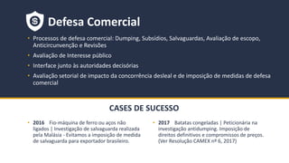 BMJ 12BMJ 12
CASES DE SUCESSO
• 2017 Batatas congeladas | Peticionária na
investigação antidumping. Imposição de
direitos definitivos e compromissos de preços.
(Ver Resolução CAMEX nº 6, 2017)
Defesa Comercial
• 2016 Fio-máquina de ferro ou aços não
ligados | Investigação de salvaguarda realizada
pela Malásia - Evitamos a imposição de medida
de salvaguarda para exportador brasileiro.
• Processos de defesa comercial: Dumping, Subsídios, Salvaguardas, Avaliação de escopo,
Anticircunvenção e Revisões
• Avaliação de Interesse público
• Interface junto às autoridades decisórias
• Avaliação setorial de impacto da concorrência desleal e de imposição de medidas de defesa
comercial
 