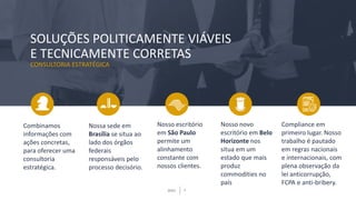 BMJ 4BMJ 4
CONSULTORIA ESTRATÉGICA
SOLUÇÕES POLITICAMENTE VIÁVEIS
E TECNICAMENTE CORRETAS
Combinamos
informações com
ações concretas,
para oferecer uma
consultoria
estratégica.
Nossa sede em
Brasília se situa ao
lado dos órgãos
federais
responsáveis pelo
processo decisório.
Nosso escritório
em São Paulo
permite um
alinhamento
constante com
nossos clientes.
Compliance em
primeiro lugar. Nosso
trabalho é pautado
em regras nacionais
e internacionais, com
plena observação da
lei anticorrupção,
FCPA e anti-bribery.
Nosso novo
escritório em Belo
Horizonte nos
situa em um
estado que mais
produz
commodities no
país
 