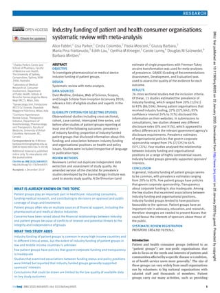 the bmj | BMJ 2020;368:l6925 | doi: 10.1136/bmj.l6925 1
RESEARCH
Industry funding of patient and health consumer organisations:
systematic review with meta-analysis
Alice Fabbri,1
Lisa Parker,1
Cinzia Colombo,2
Paola Mosconi,2
Giussy Barbara,3
­Maria Pina ­Frattaruolo,3
Edith Lau,1
Cynthia M Kroeger,1
Carole Lunny,4
Douglas M Salzwedel,4
Barbara Mintzes1
ABSTRACT
OBJECTIVE
To investigate pharmaceutical or medical device
industry funding of patient groups.
DESIGN
Systematic review with meta-analysis.
DATA SOURCES
Ovid Medline, Embase, Web of Science, Scopus,
and Google Scholar from inception to January 2018;
reference lists of eligible studies and experts in the
field.
ELIGIBILITY CRITERIA FOR SELECTING STUDIES
Observational studies including cross sectional,
cohort, case-control, interrupted time series, and
before-after studies of patient groups reporting at
least one of the following outcomes: prevalence
of industry funding; proportion of industry funded
patient groups that disclosed information about this
funding; and association between industry funding
and organisational positions on health and policy
issues. Studies were included irrespective of language
or publication type.
REVIEW METHODS
Reviewers carried out duplicate independent data
extraction and assessment of study quality. An
amended version of the checklist for prevalence
studies developed by the Joanna Briggs Institute was
used to assess study quality. A DerSimonian-Laird
estimate of single proportions with Freeman-Tukey
arcsine transformation was used for meta-analyses
of prevalence. GRADE (Grading of Recommendations
Assessment, Development, and Evaluation) was
used to assess the quality of the evidence for each
outcome.
RESULTS
26 cross sectional studies met the inclusion criteria.
Of these, 15 studies estimated the prevalence of
industry funding, which ranged from 20% (12/61)
to 83% (86/104). Among patient organisations that
received industry funding, 27% (175/642; 95%
confidence interval 24% to 31%) disclosed this
information on their websites. In submissions to
consultations, two studies showed very different
disclosure rates (0% and 91%), which appeared to
reflect differences in the relevant government agency’s
disclosure requirements. Prevalence estimates
of organisational policies that govern corporate
sponsorship ranged from 2% (2/125) to 64%
(175/274). Four studies analysed the relationship
between industry funding and organisational
positions on a range of highly controversial issues.
Industry funded groups generally supported sponsors’
interests.
CONCLUSION
In general, industry funding of patient groups seems
to be common, with prevalence estimates ranging
from 20% to 83%. Few patient groups have policies
that govern corporate sponsorship. Transparency
about corporate funding is also inadequate. Among
the few studies that examined associations between
industry funding and organisational positions,
industry funded groups tended to have positions
favourable to the sponsor. Patient groups have an
important role in advocacy, education, and research,
therefore strategies are needed to prevent biases that
could favour the interests of sponsors above those of
the public.
SYSTEMATIC REVIEW REGISTRATION
PROSPERO CRD42017079265.
Introduction
Patient and health consumer groups (referred to as
“patient groups”) are non-profit organisations that
aim to focus on the needs and interests of patients and
communitiesaffectedbyaspecificdiseaseorcondition,
or of health service users more generally.1
The size of
these groups can vary widely from small organisations
run by volunteers to big national organisations with
salaried staff and thousands of members. Patient
groups carry out many activities, such as providing
1
Charles Perkins Centre and
School of Pharmacy, Faculty
of Medicine and Health,
The University of Sydney,
Camperdown, Sydney, NSW
2006, Australia
2
Laboratory of Medical
Research on Consumer
Involvement, Department
of Public Health, Istituto di
Ricerche Farmacologiche Mario
Negri IRCCS, Milan, Italy
3
Gynaecology Unit, Fondazione
IRCCS Ca’ Granda, Ospedale
Maggiore Policlinico, Milan, Italy
4
Cochrane Hypertension
Review Group, Therapeutics
Initiative, Department of
Anesthesiology, Pharmacology,
and Therapeutics, Faculty of
Medicine, University of British
Columbia, Vancouver, BC,
Canada
Correspondence to: B Mintzes
barbara.mintzes@sydney.edu.au
(ORCID 0000-0002-8671-915X)
Additional material is published
online only. To view please visit
the journal online.
Cite this as: BMJ2020;368:l6925
http://dx.doi.org/10.1136/bmj.l6925
Accepted: 4 December 2019
WHAT IS ALREADY KNOWN ON THIS TOPIC
Patient groups play an important part in healthcare: educating consumers,
funding medical research, and contributing to decisions on approval and public
coverage of drugs and treatments
Patient groups often rely on multiple sources of financial support, including the
pharmaceutical and medical device industries
Concerns have been raised about the financial relationships between industry
and patient groups because of conflicts of interest and potential threats to the
integrity and independence of groups
WHAT THIS STUDY ADDS
Industry funding of patient groups is common in many high income countries and
in different clinical areas, but the extent of industry funding of patient groups in
low and middle income countries is unknown
Few patient groups have policies that govern corporate funding and transparency
is inadequate
Studies that examined associations between funding status and policy positions
were limited but reported that industry funded groups generally supported
sponsors’ interests
Conclusions that could be drawn are limited by the low quality of available data
on key study outcomes
on25January2020byguest.Protectedbycopyright.http://www.bmj.com/BMJ:firstpublishedas10.1136/bmj.l6925on22January2020.Downloadedfrom
 