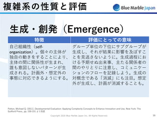 Copyright 2020 Blue Marble Japan Inc. All Rights Reserved. 1616
Patton, Michael Q. (2011), Developmental Evaluation: Applying Complexity Concepts to Enhance Innovation and Use, New York: The
Guilford Press., pp. 150-151 より改変
特徴 評価にとっての意味
⾃⼰組織性（self-
organization）。個々の主体が
独⾃の動きをすることにより、
主体の間に関係性が⽣まれ、
誰も意図しないパターンが⽣
成される。計画外・想定外の
事態に対応できるようにする。
グループ単位の下位にサブグループが
⽣成し、それが結果に影響を及ぼすこ
とを⾒逃さないように。⽣成過程にお
ける予期せぬ出来事、主たる関係者の
間のやりとりに注意し、コミュニケー
ションのフローを記録しよう。⽣成の
対概念である「消滅」にも注⽬。想定
外が⽣成し、計画が消滅することも。
⽣成・創発（Emergence）
複雑系の性質と評価
 