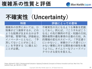 Copyright 2020 Blue Marble Japan Inc. All Rights Reserved. 1818
Patton, Michael Q. (2011), Developmental Evaluation: Applying Complexity Concepts to Enhance Innovation and Use, New York: The
Guilford Press., pp. 150-151 より改変
特徴 評価にとっての意味
複雑系の世界においては、ひ
物事がどう推移するか、どの
ような結果が⽣まれるかは予
測不能、管理不能。評価者は、
イノベーターとともに、「予
測してないことがおこるこ
と」を予測する（に備える）
ことが必要。
不確実性の元になるような事象を把握
しておく。例えば、「こうすればこう
なる」の先⾏事例の不⾜・知識の⽋如、
関係者間の優先事項の合意の⽋如、外
的環境の変化のスピード。「予定通り
にいかない」、単線ロジック通りにい
かない事態に対する関係者の耐性を養
うように。タイムリーなフィードバッ
クで⼩さな変化を捉える。
不確実性（Uncertainty）
複雑系の性質と評価
 