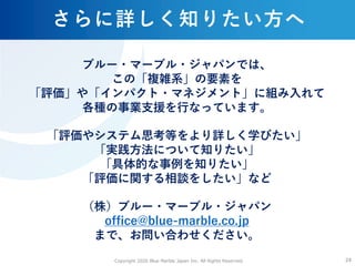 Copyright 2020 Blue Marble Japan Inc. All Rights Reserved. 2424
ブルー・マーブル・ジャパンでは、
この「複雑系」の要素を
「評価」や「インパクト・マネジメント」に組み⼊れて
各種の事業⽀援を⾏なっています。
「評価やシステム思考等をより詳しく学びたい」
「実践⽅法について知りたい」
「具体的な事例を知りたい」
「評価に関する相談をしたい」など
（株）ブルー・マーブル・ジャパン
office@blue-marble.co.jp
まで、お問い合わせください。
さらに詳しく知りたい⽅へ
 