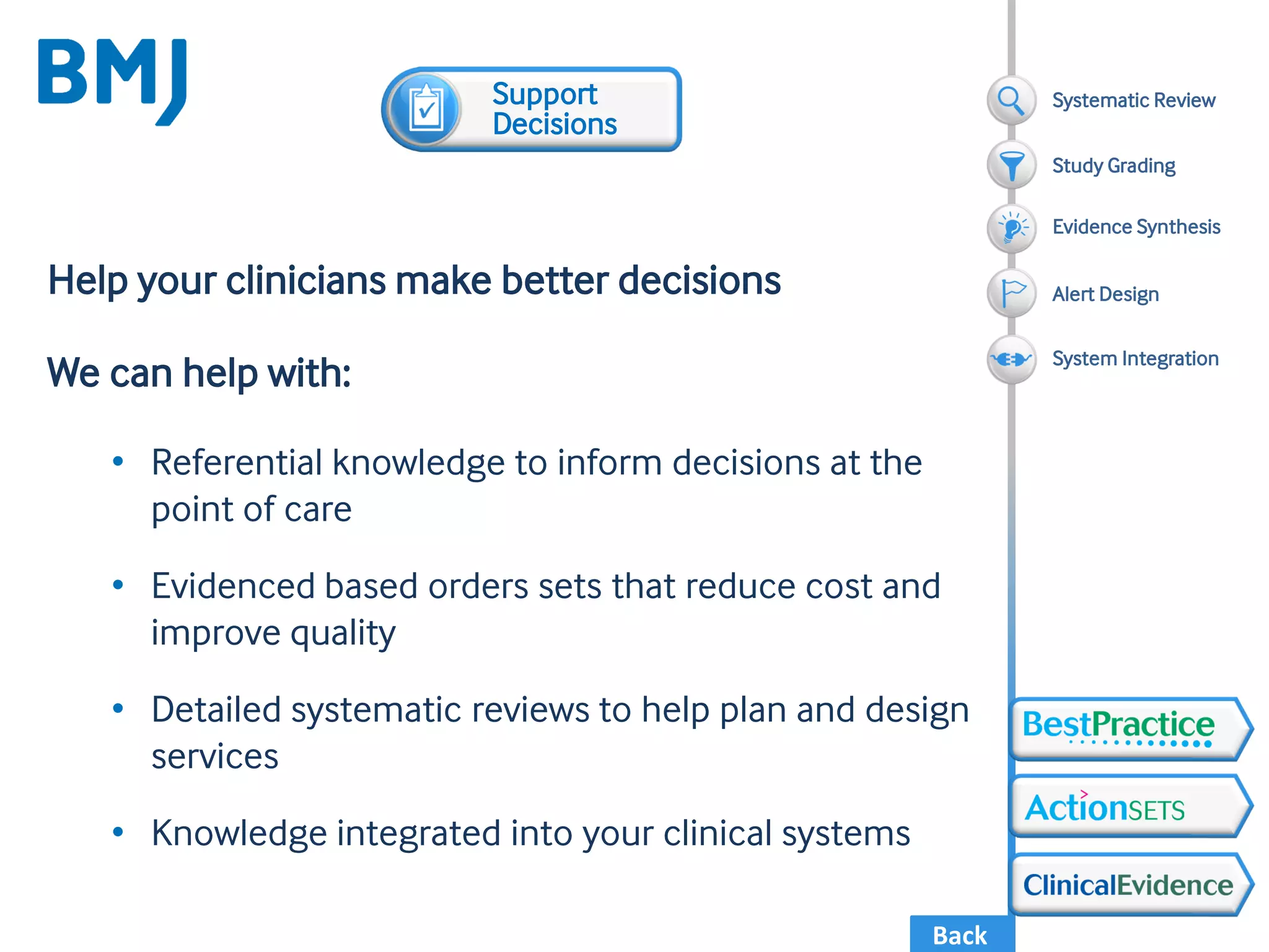 Back
Help your clinicians make better decisions
We can help with:
• Referential knowledge to inform decisions at the
point of care
• Evidenced based orders sets that reduce cost and
improve quality
• Detailed systematic reviews to help plan and design
services
• Knowledge integrated into your clinical systems
Support
Decisions
Systematic Review
Evidence Synthesis
Alert Design
System Integration
Study Grading
 