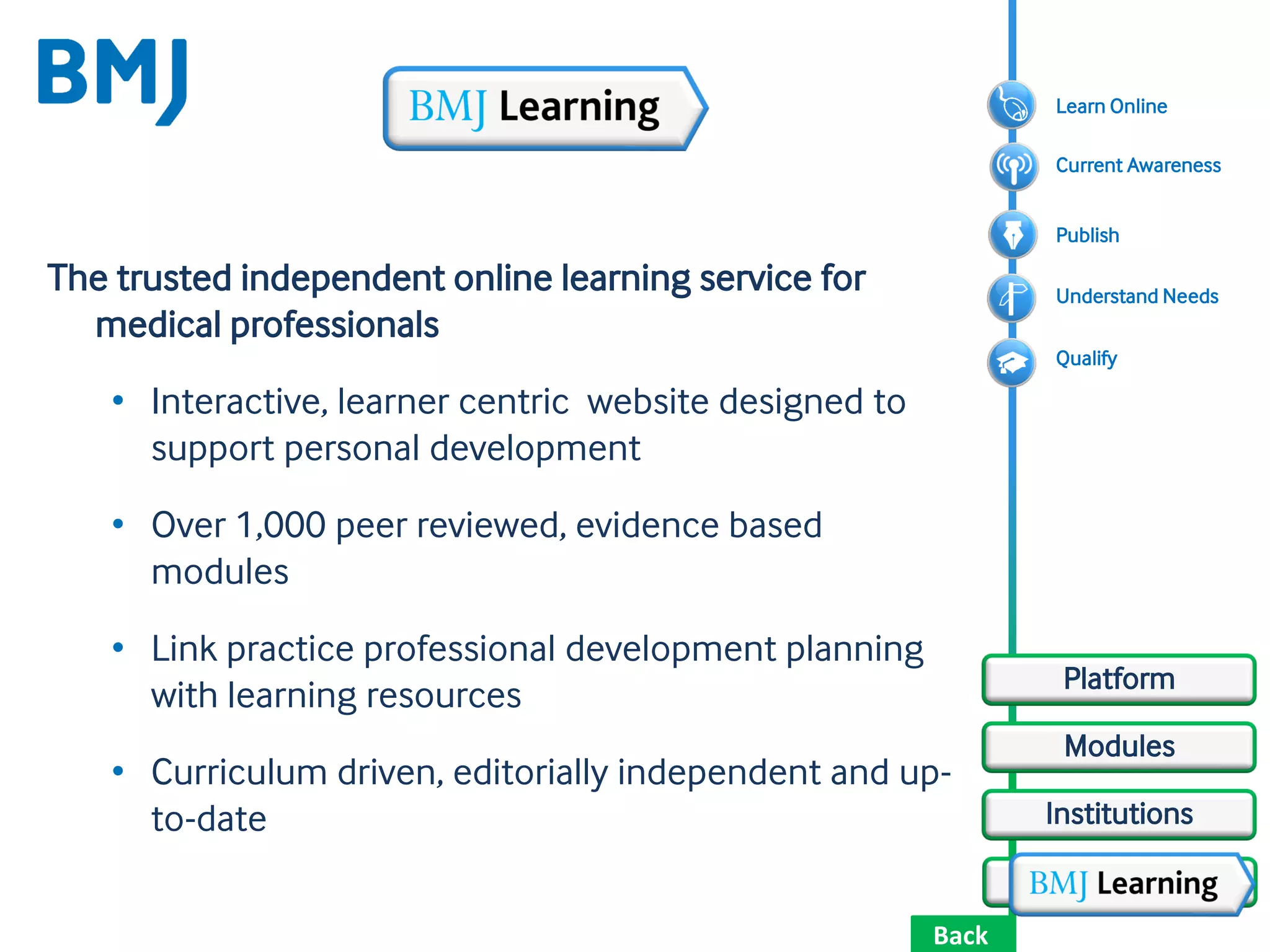 Back
Case Studies
Institutions
The trusted independent online learning service for
medical professionals
• Interactive, learner centric website designed to
support personal development
• Over 1,000 peer reviewed, evidence based
modules
• Link practice professional development planning
with learning resources
• Curriculum driven, editorially independent and up-
to-date
Qualify
Learn Online
Publish
Understand Needs
Current Awareness
Modules
Platform
 