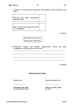 BM 1 Tahun 4 12 011
011© 2016/skbb/normahanimohdasran/ SULIT
c. Tandakan (√) pada pernyataan yang benar dan tandakan (x) pada pernyataan yang
salah.
Membaca buku dapat menghasilkan
sebuah jambatan.
Rajin membaca buku dapat menambah
ilmu pengetahuan.
[1 markah]
d. Berdasarkan rangkap yang diberikan, bagaimanakah caranya kita dapat
menggalakkan orang lain agar suka membaca?
____________________________________________________________________
____________________________________________________________________
____________________________________________________________________
____________________________________________________________________
[3 markah]
KERTAS SOALAN TAMAT
Disediakan oleh , Disemak dan disahkan oleh,
........................................ ........................................................
NOR MAHANI MOHD ASRAN ZAMALIAH HJ ABDUL KARIM
Guru Bahasa Melayu tahun 4 Guru Besar
Mari kawan mari membaca
Banyak ajaran dapat dijana
 