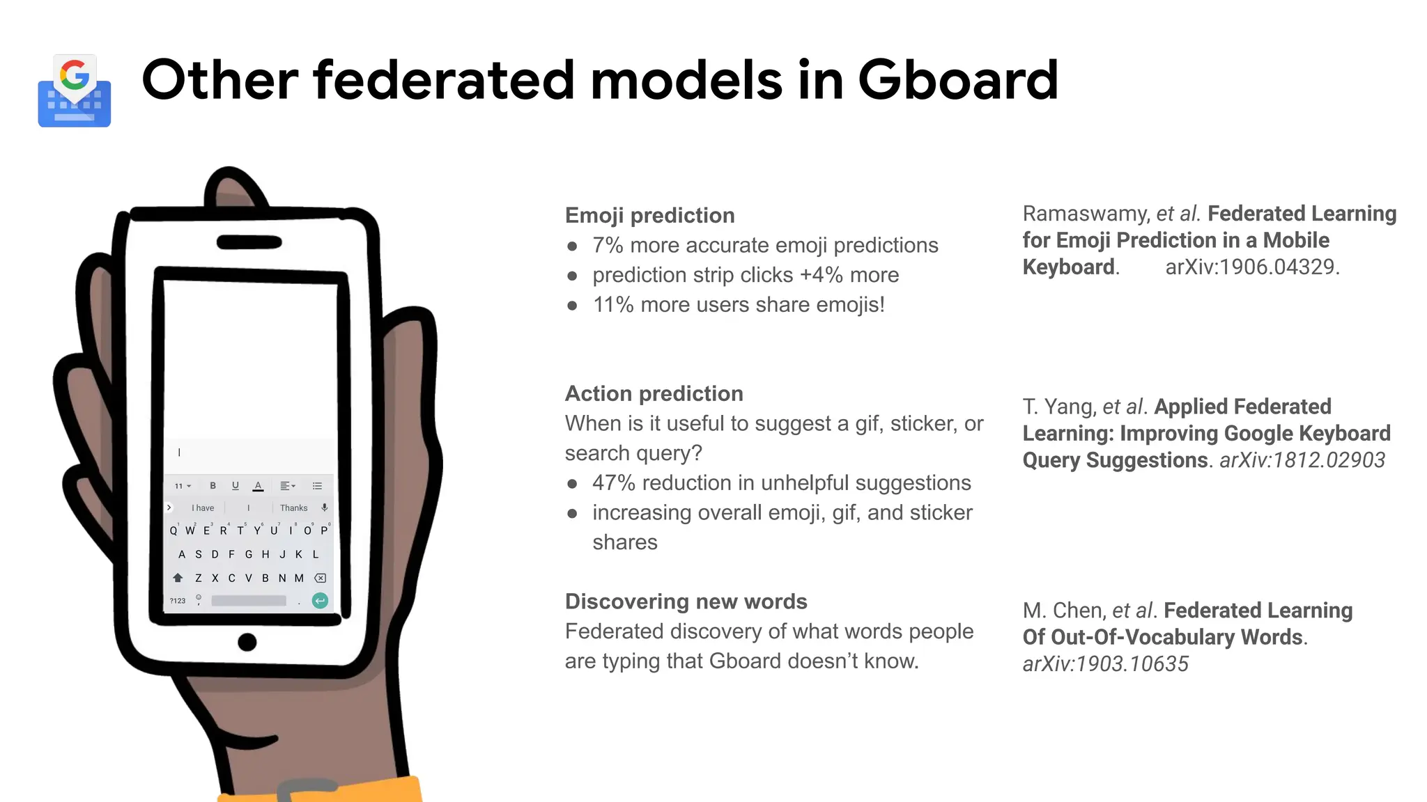 Other federated models in Gboard
Emoji prediction
● 7% more accurate emoji predictions
● prediction strip clicks +4% more
● 11% more users share emojis!
Action prediction
When is it useful to suggest a gif, sticker, or
search query?
● 47% reduction in unhelpful suggestions
● increasing overall emoji, gif, and sticker
shares
Discovering new words
Federated discovery of what words people
are typing that Gboard doesn’t know.
T. Yang, et al. Applied Federated
Learning: Improving Google Keyboard
Query Suggestions. arXiv:1812.02903
M. Chen, et al. Federated Learning
Of Out-Of-Vocabulary Words.
arXiv:1903.10635
Ramaswamy, et al. Federated Learning
for Emoji Prediction in a Mobile
Keyboard. arXiv:1906.04329.
 
