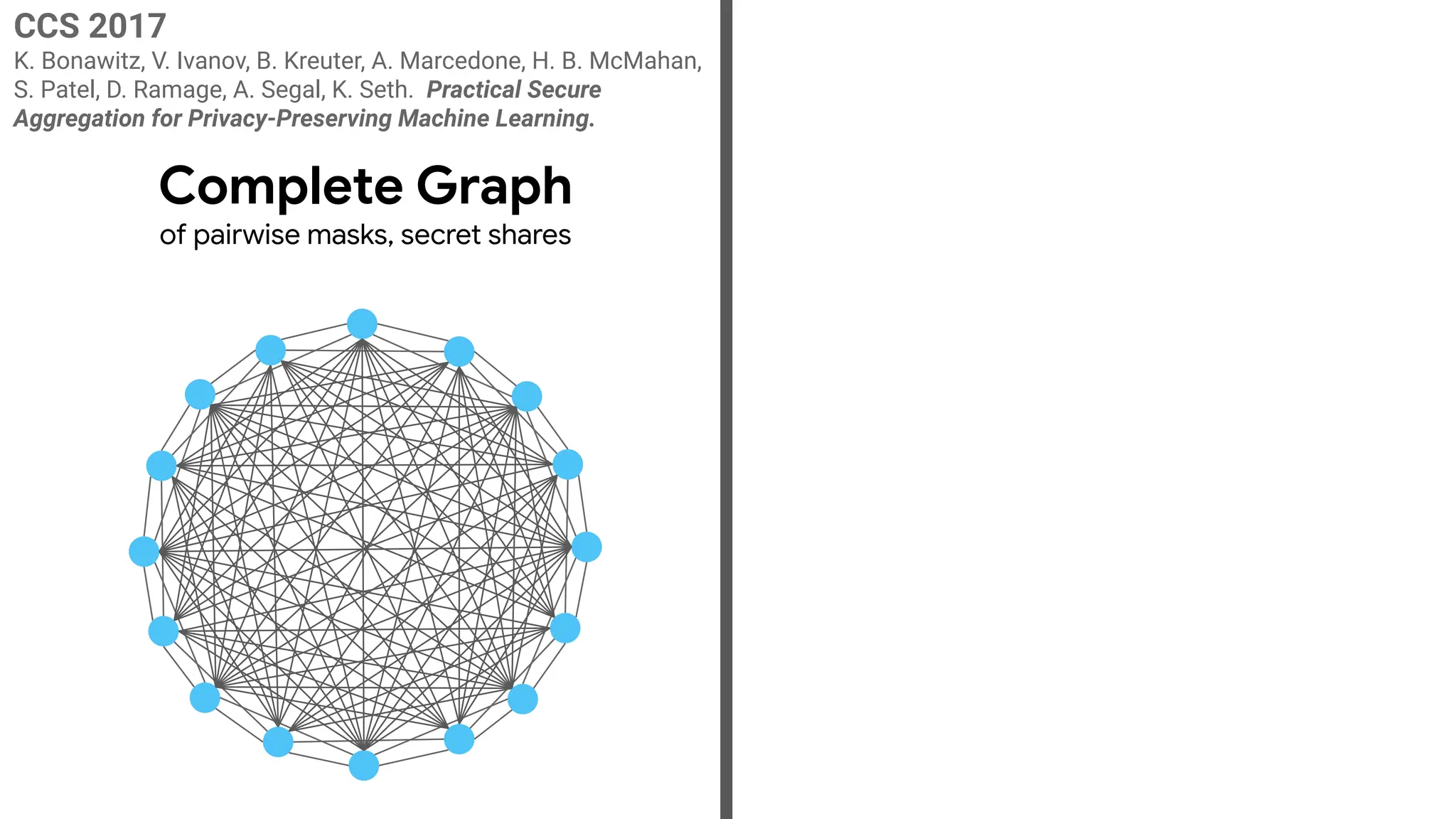CCS 2017
K. Bonawitz, V. Ivanov, B. Kreuter, A. Marcedone, H. B. McMahan,
S. Patel, D. Ramage, A. Segal, K. Seth. Practical Secure
Aggregation for Privacy-Preserving Machine Learning.
Complete Graph
of pairwise masks, secret shares
 