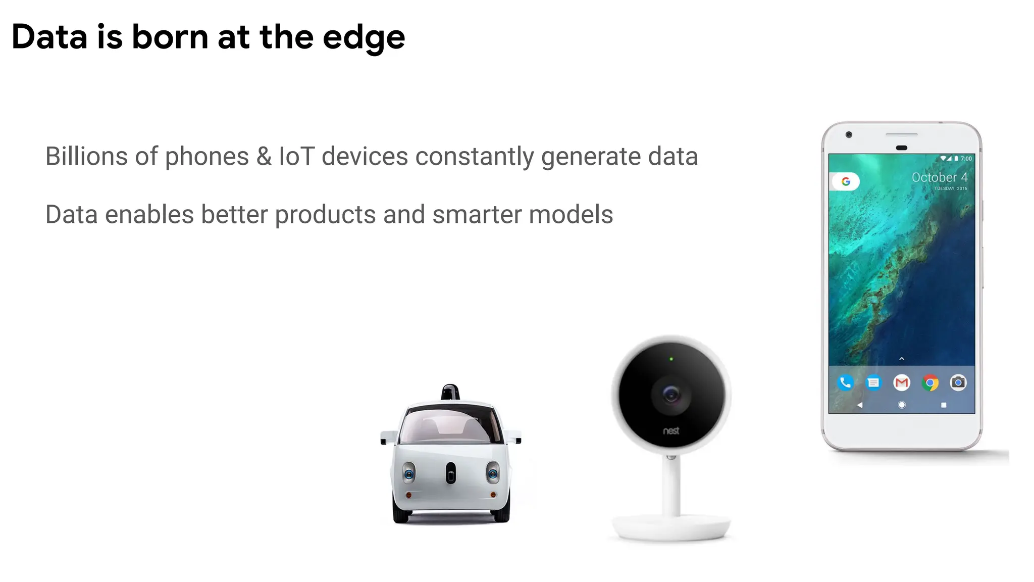 Billions of phones & IoT devices constantly generate data
Data enables better products and smarter models
Data is born at the edge
 