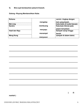 G. Bina ayat berdasarkan jadual di bawah.
Gotong –Royong Membersihkan Kelas
Rohana
mengelap
membuang
menyapu
menampal
menyusun
cermin tingkap dengan
kain yang basah.
Mei Ling buku-buku di sudut bacaan
Sandra Kata-kata hikmat pada
papan kenyataan
Hazli dan Raju Sampah sarap hingga
bersih
Meng Kong sampah di dalam bakul.
___________________________________________________________________________
___________________________________________________________________________
___________________________________________________________________________
___________________________________________________________________________
___________________________________________________________________________
___________________________________________________________________________
___________________________________________________________________________
___________________________________________________________________________
( /5
markah )
UJIAN BULAN MAC /BAHASA MALAYSIA/2015 6
 