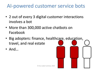 AI-powered customer service bots
• 2 out of every 3 digital customer interactions
involves a bot
• More than 300,000 activ...