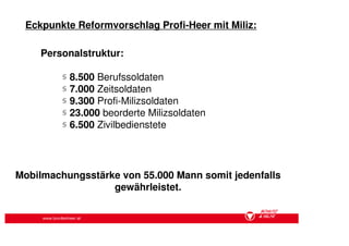 Eckpunkte Reformvorschlag Profi-Heer mit Miliz:

    Personalstruktur:

            § 8.500 Berufssoldaten
            § 7.000 Zeitsoldaten
            § 9.300 Profi-Milizsoldaten
            § 23.000 beorderte Milizsoldaten
            § 6.500 Zivilbedienstete




Mobilmachungsstärke von 55.000 Mann somit jedenfalls
                  gewährleistet.


     www.bundesheer.at
 